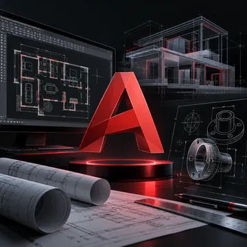 Red AutoCAD logo in front of monitors showing architectural CAD drawings and blueprints