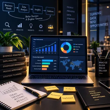 Laptop dashboard with sales and customer segmentation charts beside business analysis books