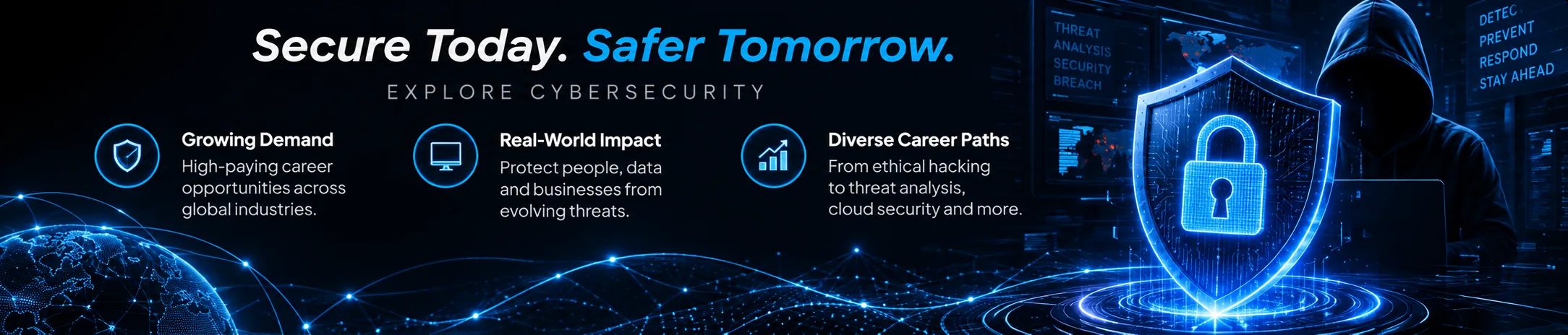 Cybersecurity: Secure Today. Safer Tomorrow. Highlights: Growing Demand, Real-World Impact, Diverse Career Paths.