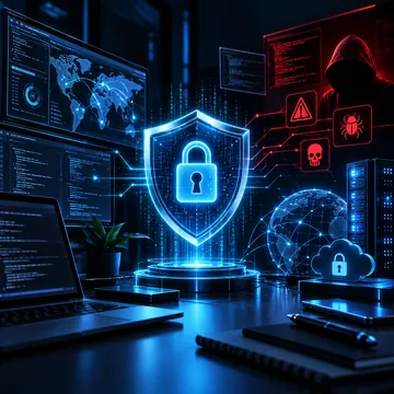 Glowing padlock shield surrounded by security dashboards and threat alerts