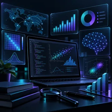 Laptop with data charts beside holographic dashboards, a world map and a neural network