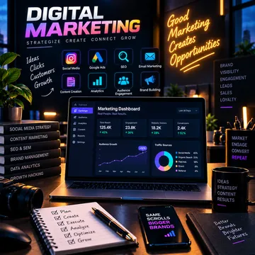Marketing dashboard on a laptop beneath social media and advertising icons