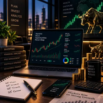 Laptop showing a stock market chart beside investing books, gold coins and a bull figurine