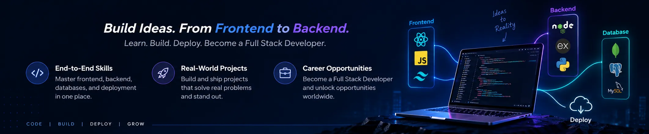 Full Stack Development: Build Ideas. From Frontend to Backend. Learn. Build. Deploy. Become a Full Stack Developer. Highlights: End-to-End Skills, Real-World Projects, Career Opportunities.