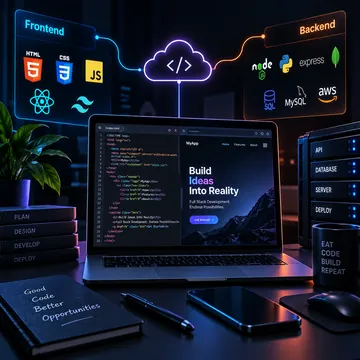 Laptop with code linked to frontend and backend technology icons