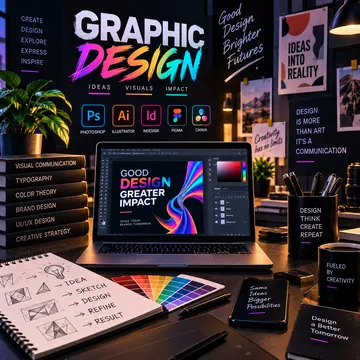 Design workspace with a laptop, design tool icons, sketches and colour swatches