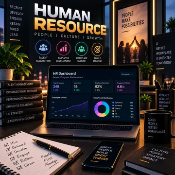 HR dashboard on a laptop beside talent management books and people-focused icons