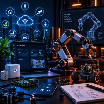 IoT dashboard on a laptop with connected smart device icons and a robotic arm