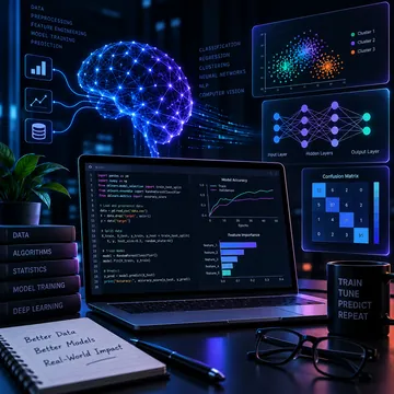 Laptop with machine learning code and model accuracy charts beside a glowing neural network