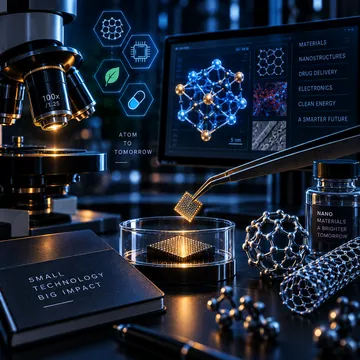 Microscope and tweezers holding a microchip beside glowing molecular structures