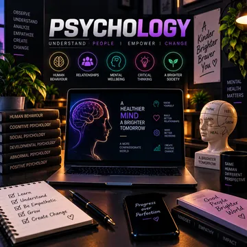 Psychology workspace with a laptop showing a brain illustration, a head bust and psychology books