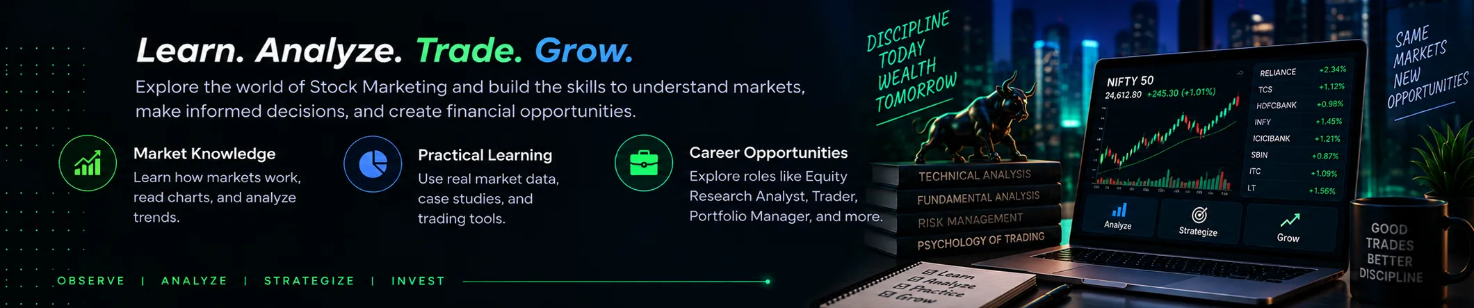 Stock Marketing: Learn. Analyze. Trade. Grow. Explore the world of Stock Marketing and build the skills to understand markets, make informed decisions, and create financial opportunities. Highlights: Market Knowledge, Practical Learning, Career Opportunities.