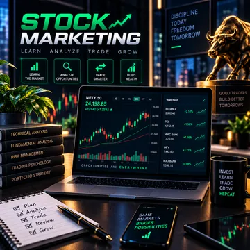 Laptop with a live market trading chart beside trading books and a bull figurine