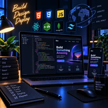 Laptop with web code beneath HTML, CSS and JavaScript icons